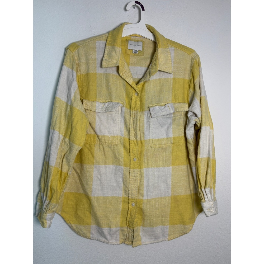 American‎ Eagle Yellow Buffalo Plaid Flannel Button Down Shirt Small Corduroy